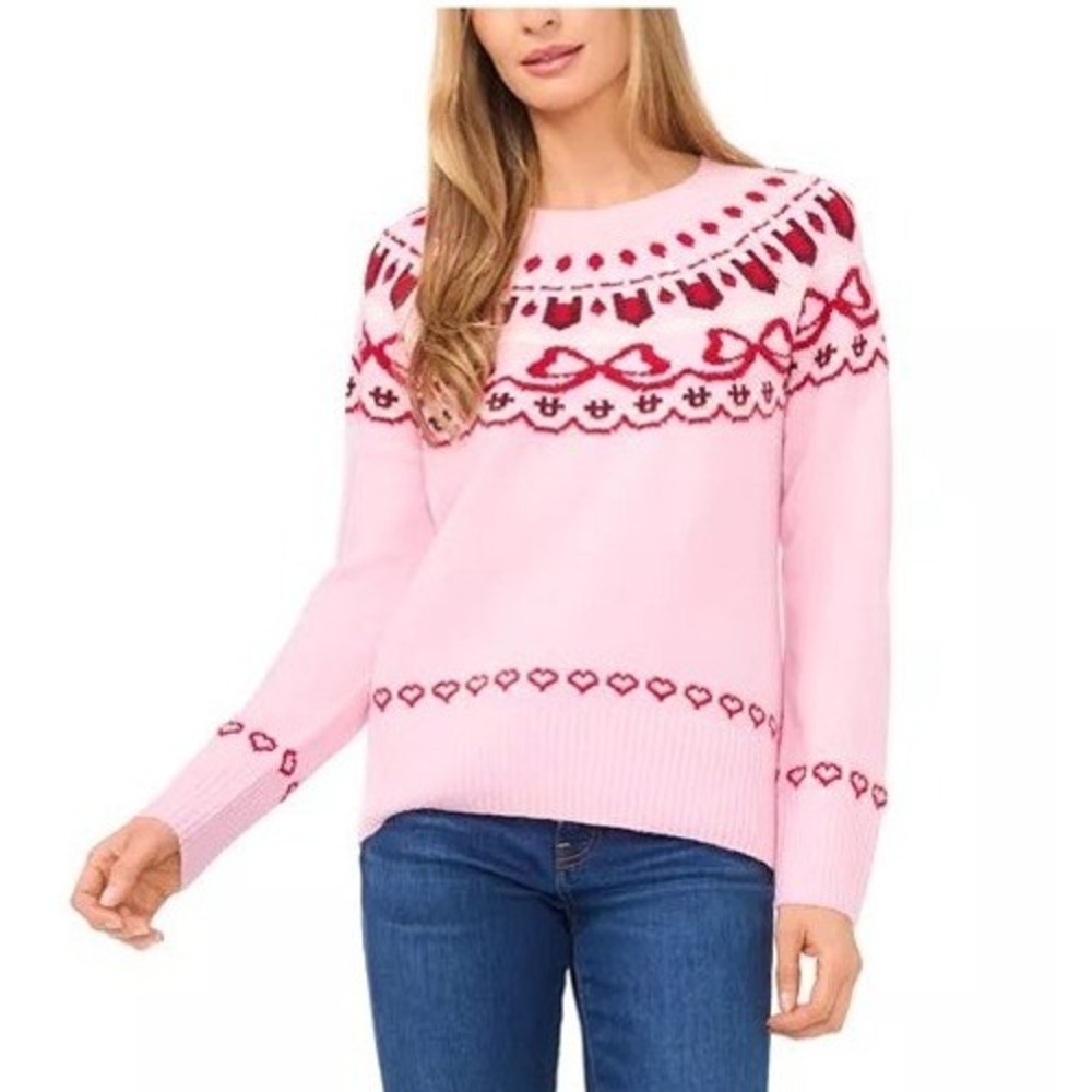 CeCe Bow Fair Isle Sweater Women Small Pink Coquette Romantic Soft Girl Preppy